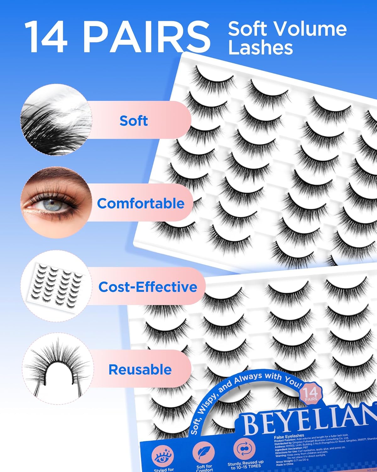 BEYELIAN False Eyelashes 14 Pairs Eye Lashes 10-15mm Strip Lash Pack Soft 3D Volume Faux Mink Lashes That Look Like Extensions C188