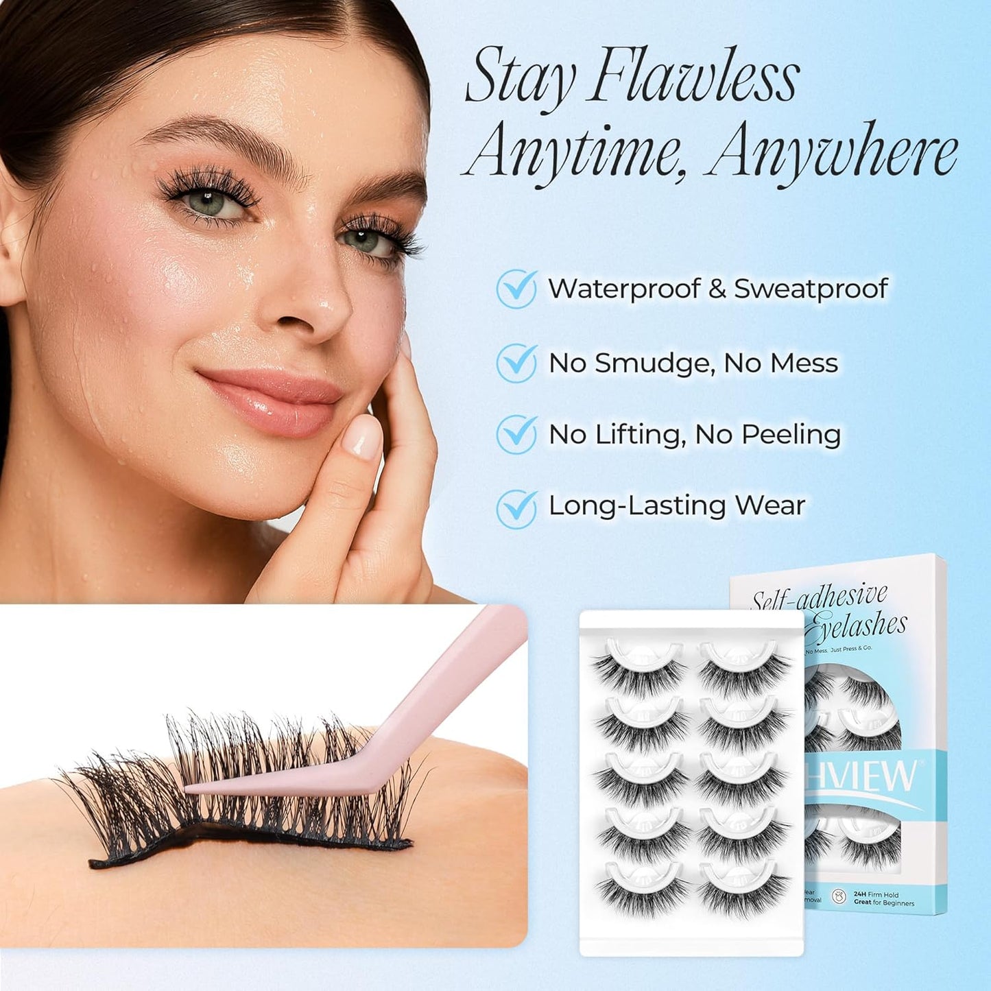 LASHVIEW Self Adhesive Eyelashes 5 Pairs Cat Eye Wispy Self-adhesive False Lashes Reusable Natural Look Press On Lashes No Glue Need Eyelashes with Replacement Adhesive Strips (CV130)