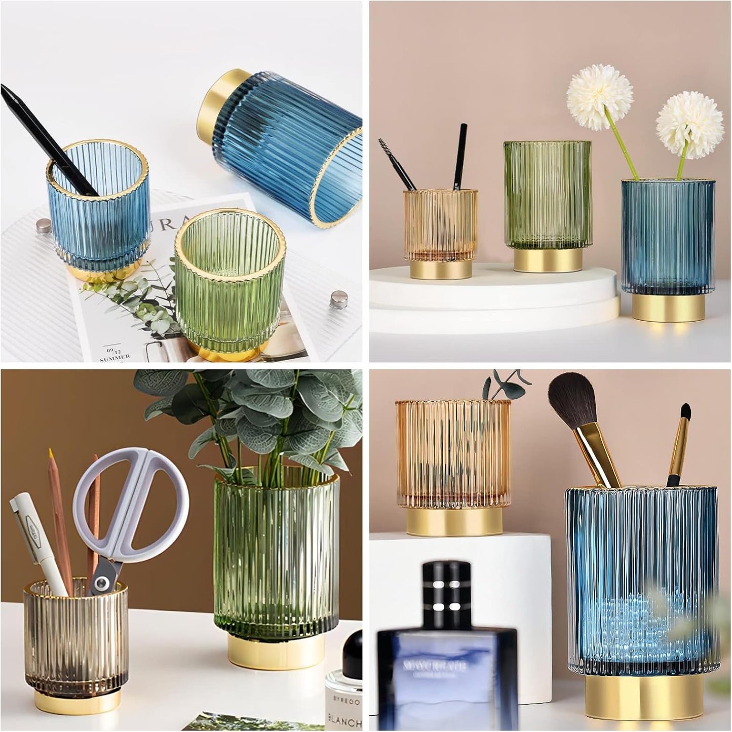 DASITON Makeup Brush holder Organizer,Crystal Cosmetic Makeup Brush Glass Brushes Storage Holder, Vintage Make Up Brush Cup Pen Pencil Holder striped vase(Blue S+L)