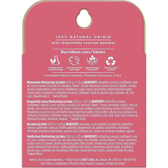 Burt's Bees Lip Balm, Moisturizing Lip Care, 100% Natural, Discover U - Original Beeswax, Watermelon, Dragonfruit Lemon & Vanilla (4 Pack)