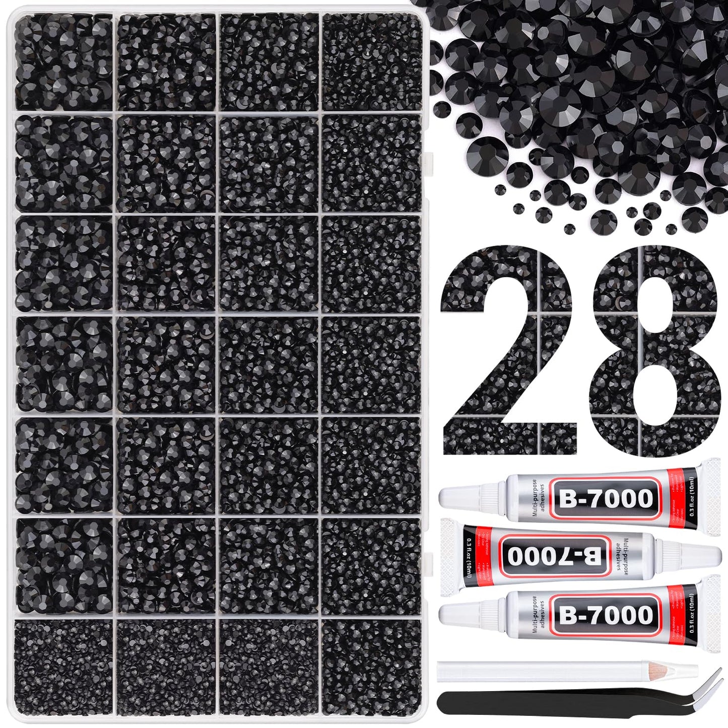 30000Pcs Resin Rhinestones for Bedazzling with 3Pcs B7000 Jewelry Glue, Black Flatback Gems Rhinestones for Crafting, Clothing Tumblers Mugs Shoes Fabric Decor Nail Art