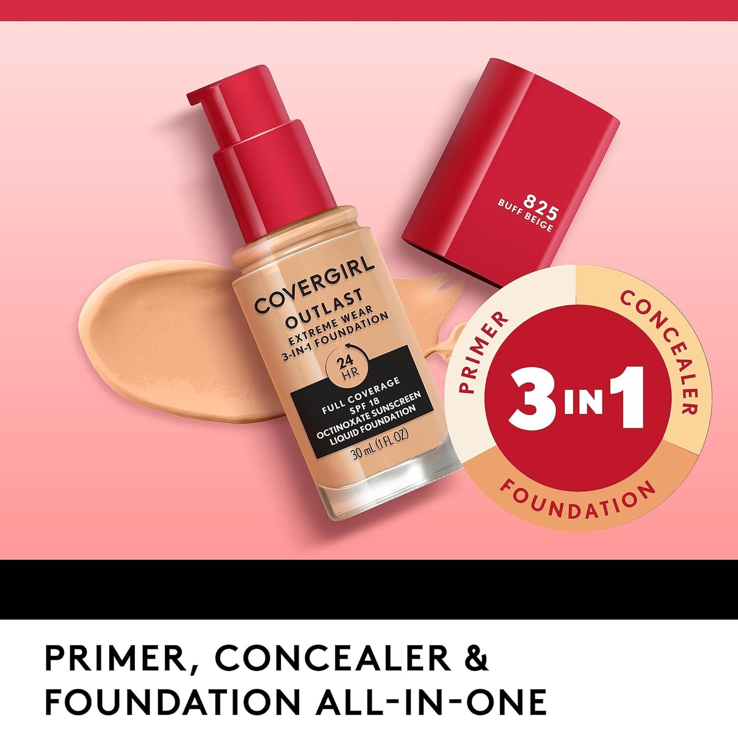 Covergirl Outlast Extreme Wear 3-in-1 Full Coverage Liquid Foundation, SPF 18 Sunscreen, Toasted Almond, 1 Fl. Oz.