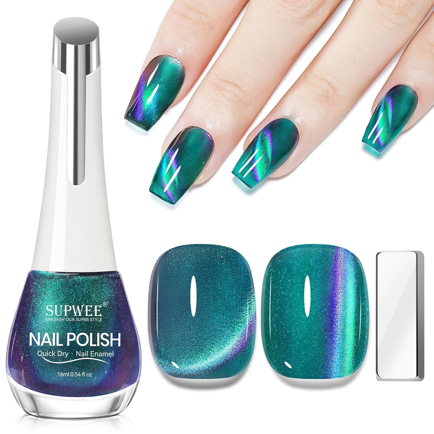 Green Magnetic Nail Polish, Cateye Nail Polish Non Gel Quick Dry Lacquer Manicure Gift For Women Girls 16ml/0.54 oz