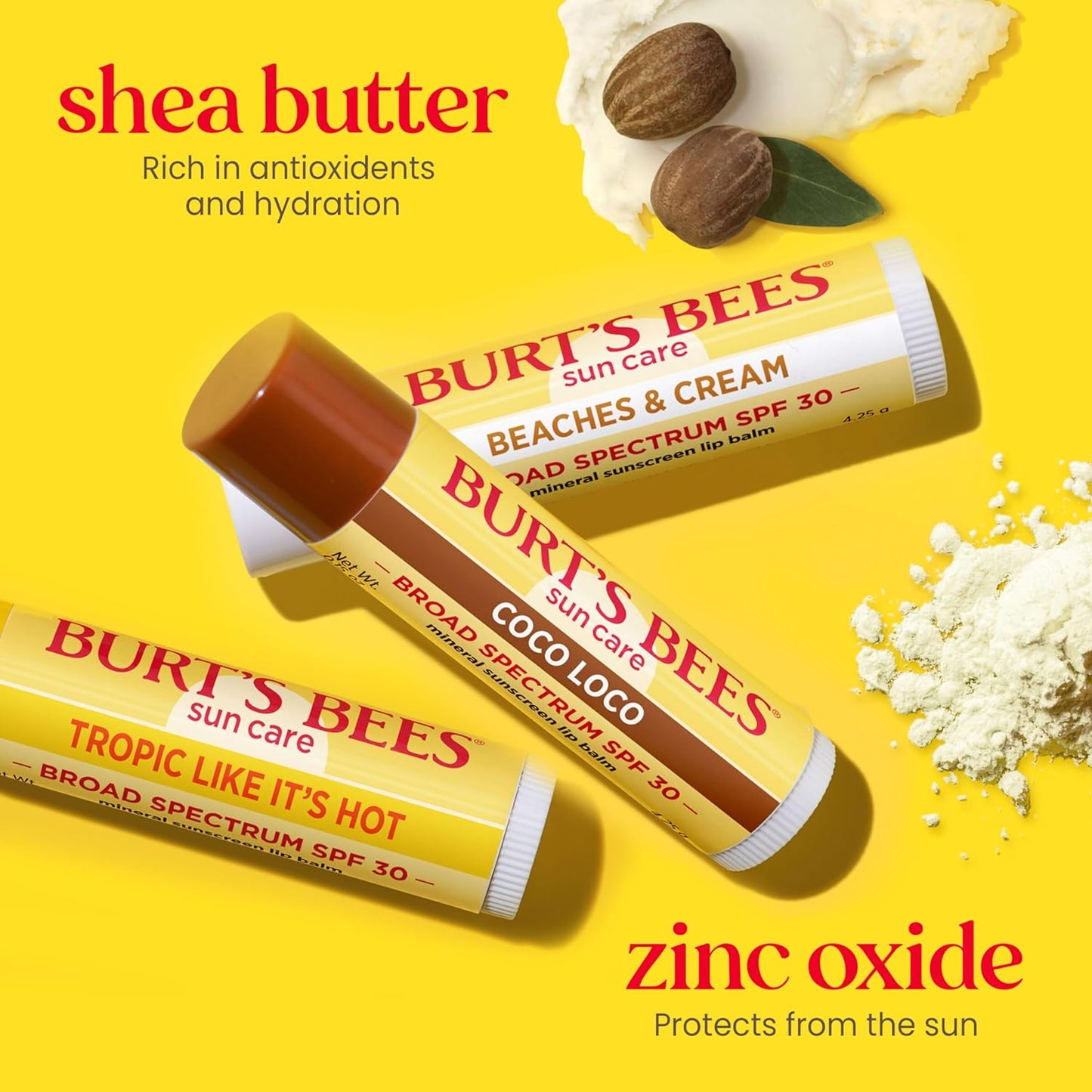 Burt’s Bees SPF 30 Lip Balm, Beaches and Cream, Water-Resistant Sun Care, Nano-Free Zinc Oxide Formula, Natural Origin Conditioning Lip Treatment, 3 Tubes, 0.15 oz.