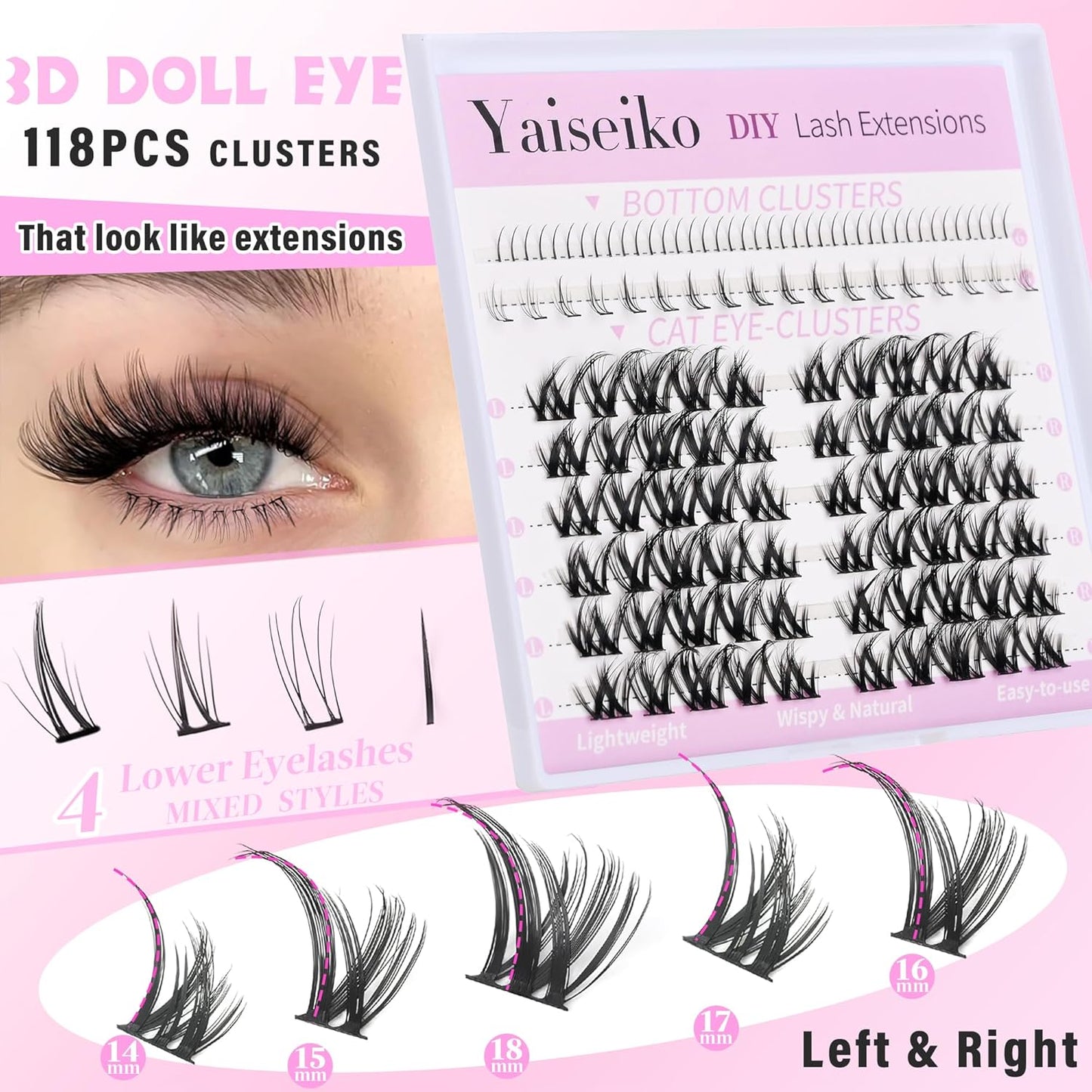 Lash Clusters With Bottom Lash Clusters Doll Eyelashes Cluster Lashes Natural Look DIY Lash Extension Lashes 118 Pcs Left&Right Cluster Eyelashes Extensions Wispy Lashes Fluffy Eyelash Clusters