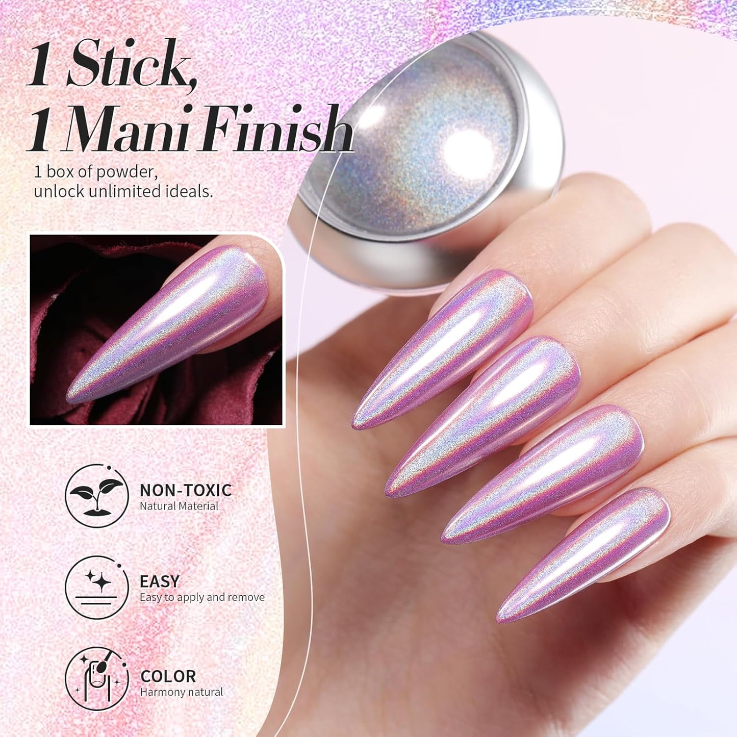 Born Pretty Holographic Nail Powder Fine Rainbow Iridescent Holographic Effect Multi Chrome Manicure Pigment Glitter Dust for Salon Home Nail Art DIY Design