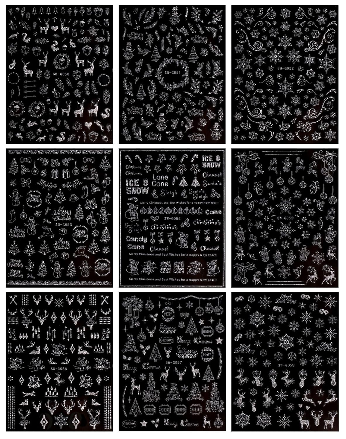 JMEOWIO 9 Sheets Christmas Glitter Nail Art Stickers Decals Self-Adhesive Snowflake Winter Holiday Silver Nail Supplies Nail Art Design Decoration Accessories