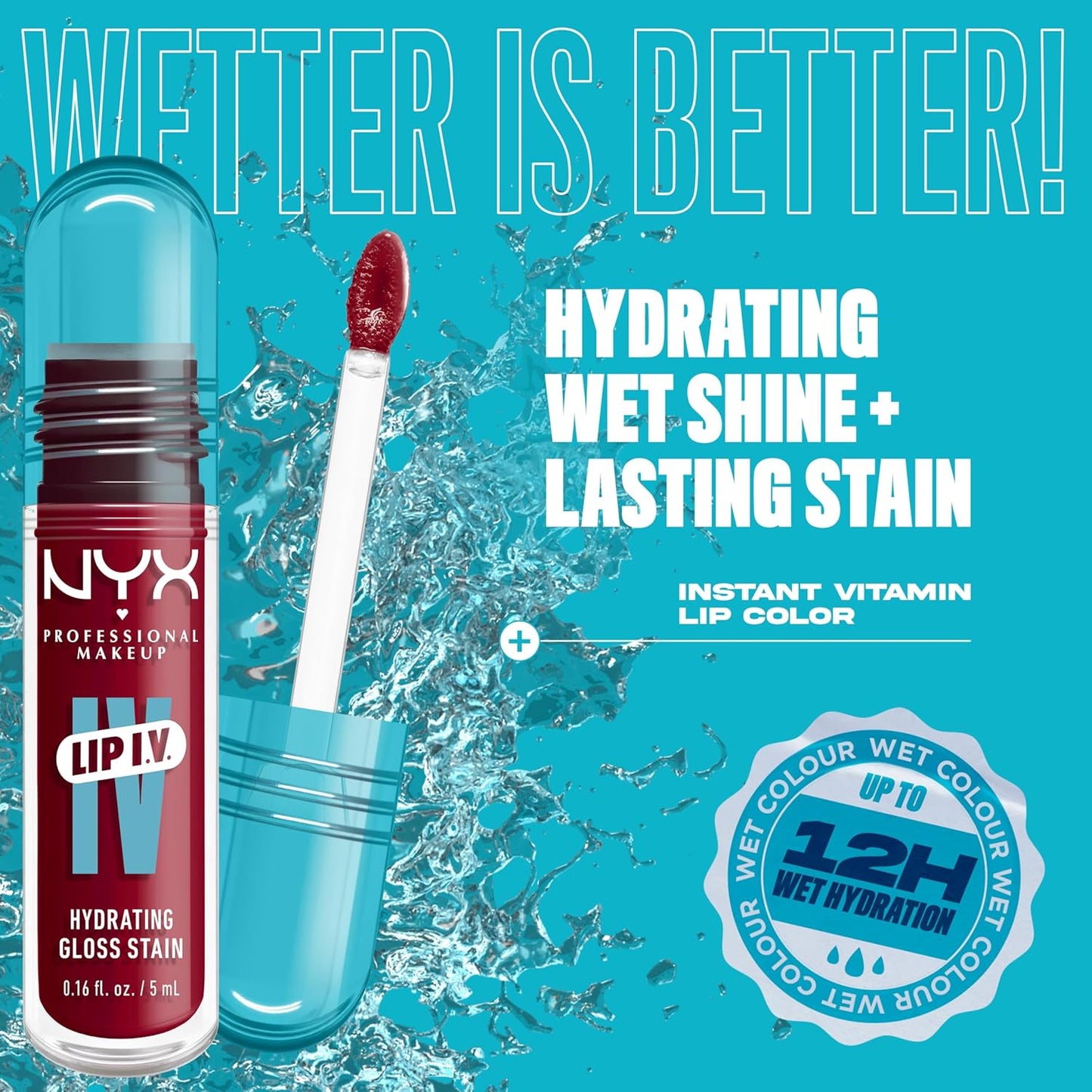 NYX PROFESSIONAL MAKEUP Lip IV Hydrating Glossy Lip Stain with 12HR Hydration - Red-y Set Wet (Red)