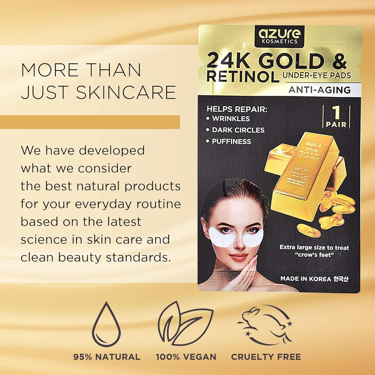 AZURE 24K Gold & Retinol Anti Aging Under Eye Patches - Firming, Restoring & Deeply Hydrating Eye Mask - Reduces Fine Lines, Wrinkles, Dark Circles & Puffiness - Skin Care Made in Korea - 5 Pairs