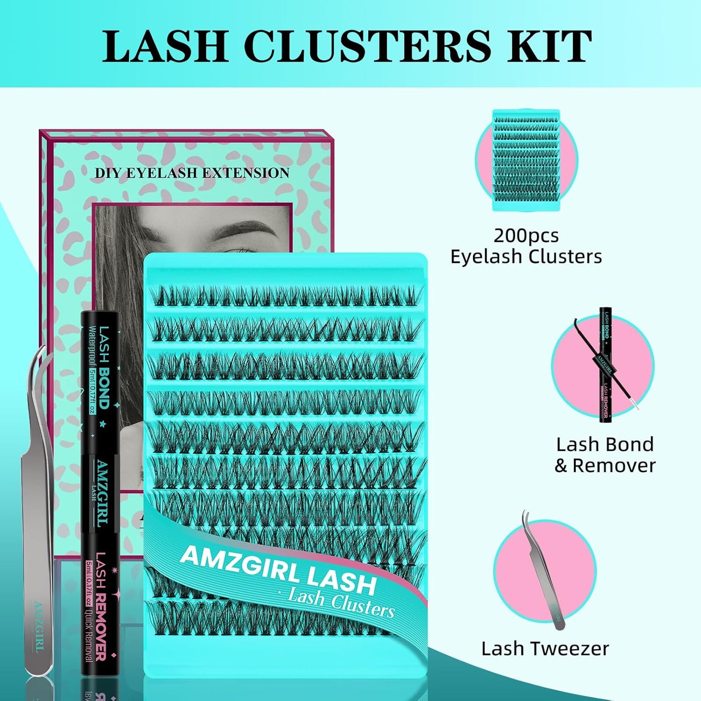 Lash Clusters Kit 200PCS 50D Eyelash Extension Kit D Curl Wispy Eyelash Clusters DIY Natural Individual Lashes Kits Lashes Extensions Kit with Lash Bond and Remover Eyelash Tweezer at Home