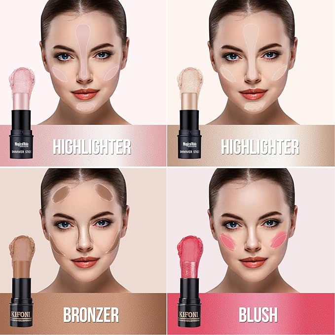 4PCS Contour Stick - Highlighter And Cream Blush Stick 4 Colors Kit - Moisturizer, Face Brightens & Shades Pencil, Facial Shaping Makeup Sticks for Older Women & Mature Skin