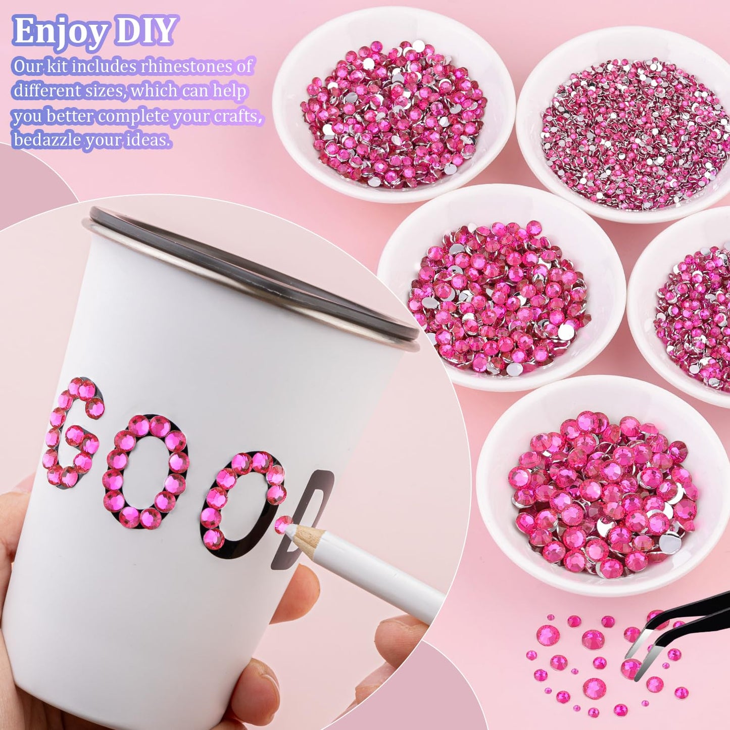 25000Pcs Resin Rhinestones with Tweezers for Crafting, Hot Pink 2-6mm Mixed Sizes Bedazzling Crystal with 3Pcs 10ml B7000 Jewelry Glue for DIY Crafts Clothing Tumblers Shoes Fabric Nail Art