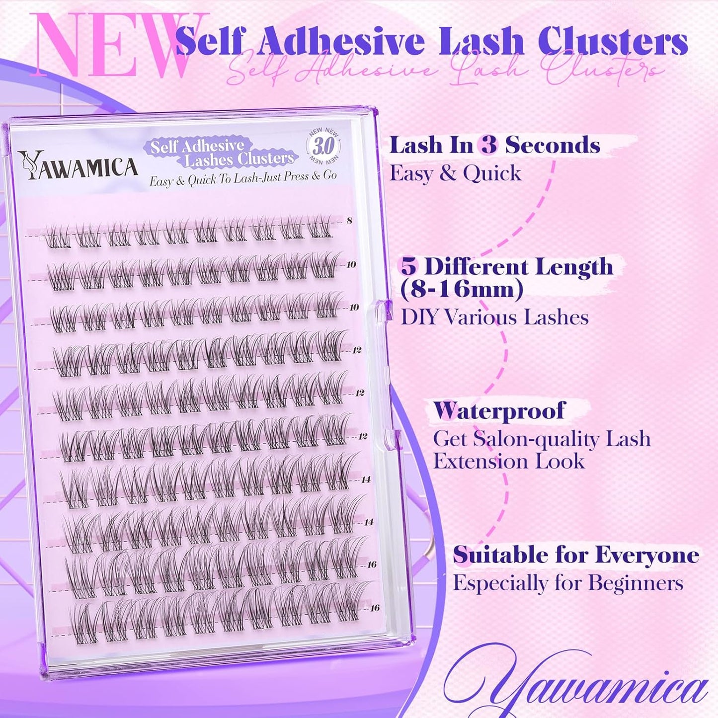 Yawamica Natural Self Adhesive Lash Clusters 10-16mm Reusable Press On Lashes No Glue Needed Eyelash Clusters Invisible Clear Band Pre Glued Cluster Lashes for Effortless Salon Eyelash Extension Look