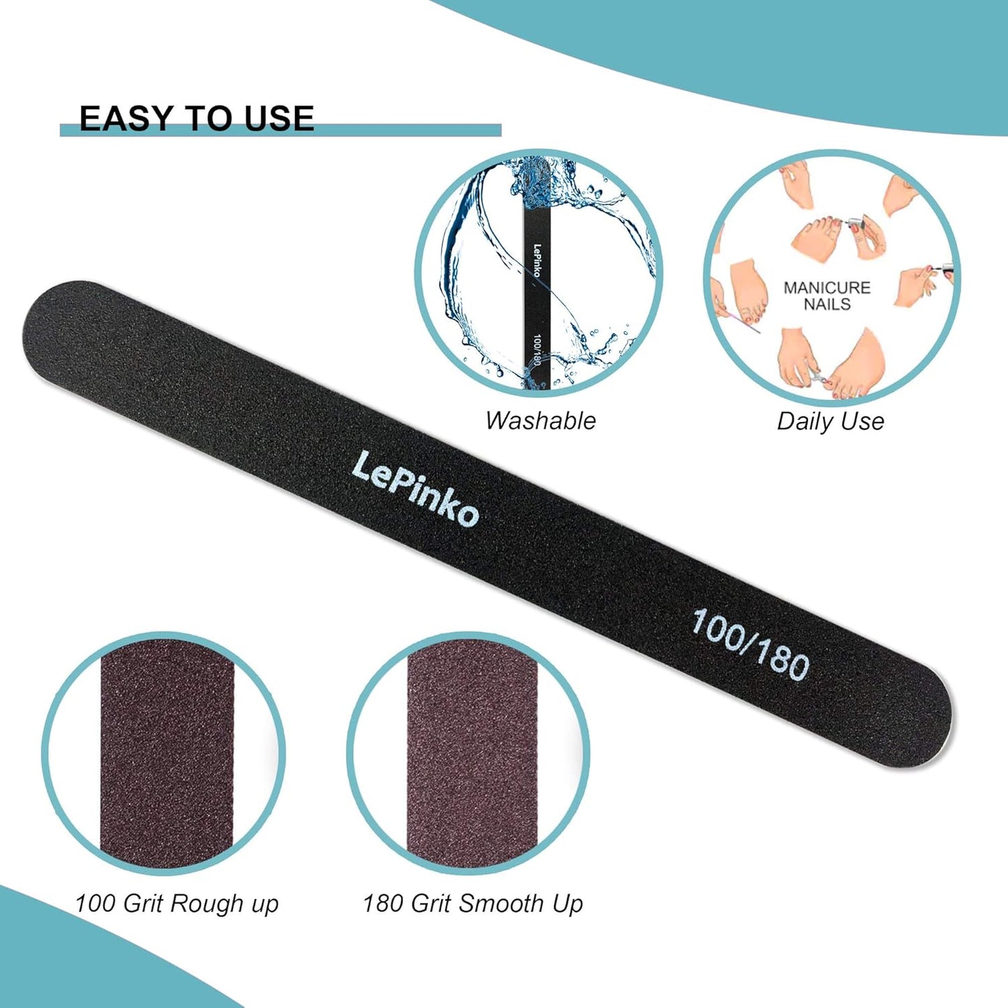 10PCS Double Sided 100/180 Grit Nail File Set, Washable Emery Board Nail Buffer Files for Home Salon Use, Professional Manicure Pedicure Tool for Acrylic False Nails and Gel Cosmetic