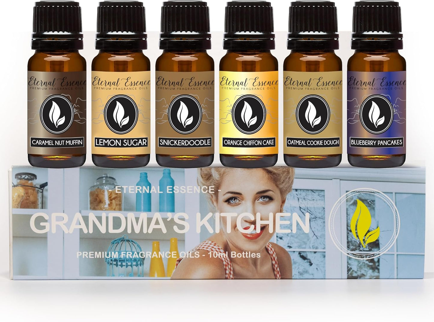 Eternal Essence Oils Grandma's Kitchen Set of 6 Premium Fragrance Oils - Caramel Nut Muffin, Oatmeal Cookie Dough, Snickerdoodle, Orange Chiffon Cake, Lemon Sugar, and Blueberry Pancakes - 10ML