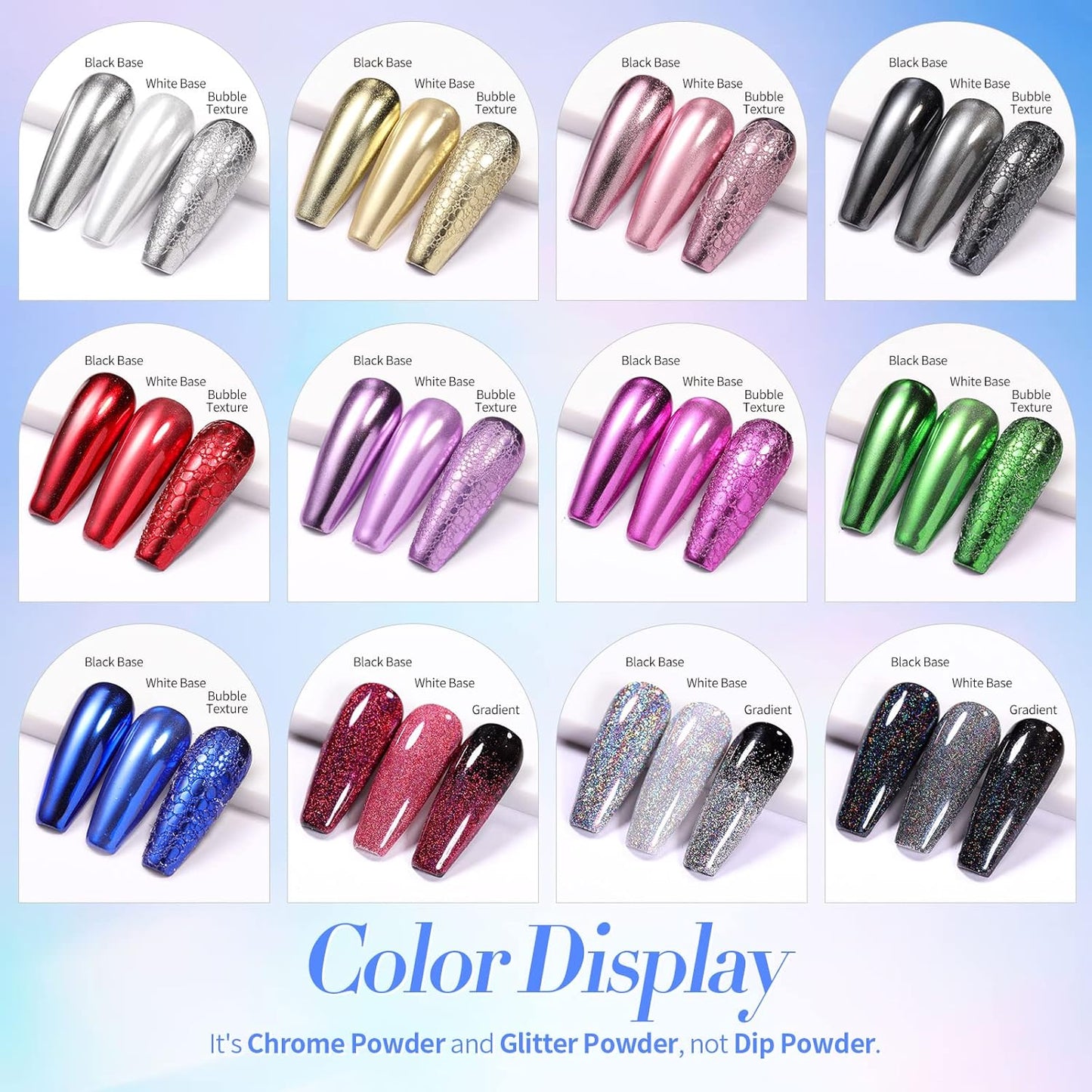 Born Pretty Mirror Chrome Nail Powder Set 12 Colors Metallic Mirror Effect Nail Powder Holographic Aurora Chameleon Pigment for Nail Art Gel Polish Mermaid Powder Decoration Sets