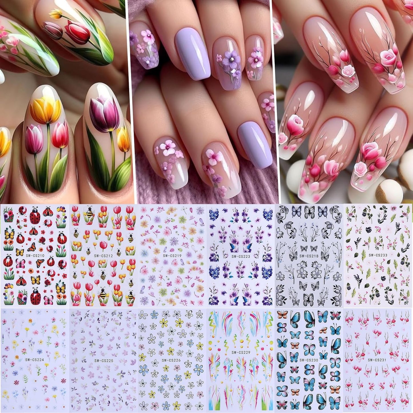 Flower Stickers Nail Art Decals 12PCS Summer Nail Art Designs with Tweezers Tulip Butterfly Leaf Florals Ladybug Decals 3D Self-Adhesive Manicure Simple Nail Stickers for Women Acrylic Nails Supplies