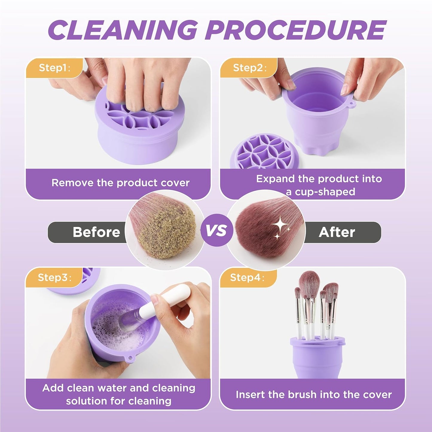 Makeup Brush Cleaner - Foldable Silicone Makeup Brush Cleaner Mat with Brush Storage Holder Makeup Brush Cleaning Bowl Cosmetic Brush Washing Tool for Cleaning Organizer and Drying (Purple)