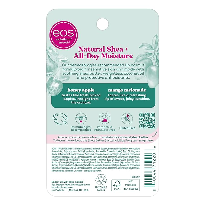 eos Natural Shea Lip Balm, Honey Apple & Mango Melonade, All-Day Moisture, Lip Care Products, 0.14 oz, 2-Pack