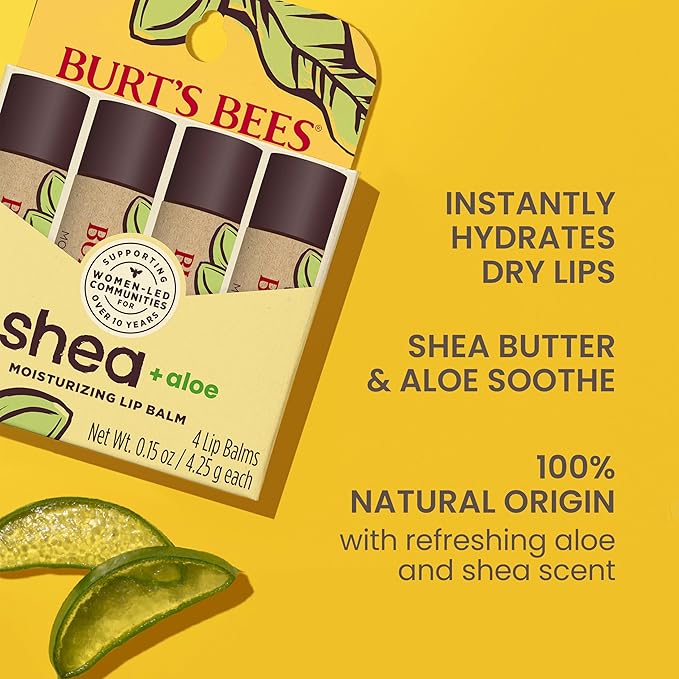 Burt's Bees Lip Balm Mothers Day Gifts for Mom - Shea and Aloe Lip Moisturizer With Responsibly Sourced Beeswax, Tint-Free, Natural Origin Conditioning Lip Treatment, 4 Tubes, 0.15 oz.