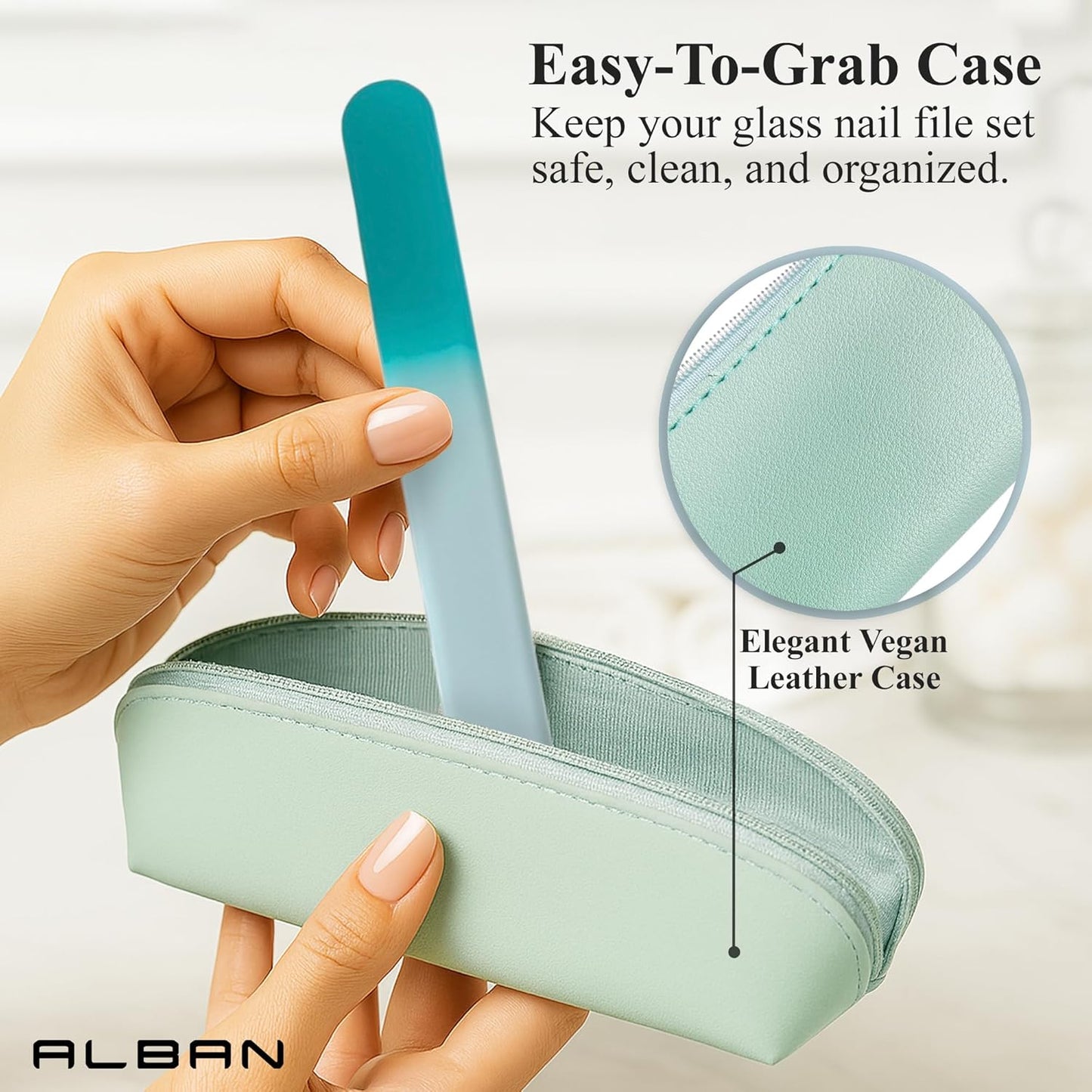 Alban Czech Glass Nail File Set with Manicure Stick & Vegan Leather Cosmetic Case (Turquoise Nail Files, Light Blue Manicure Stick & Cosmetic Case)