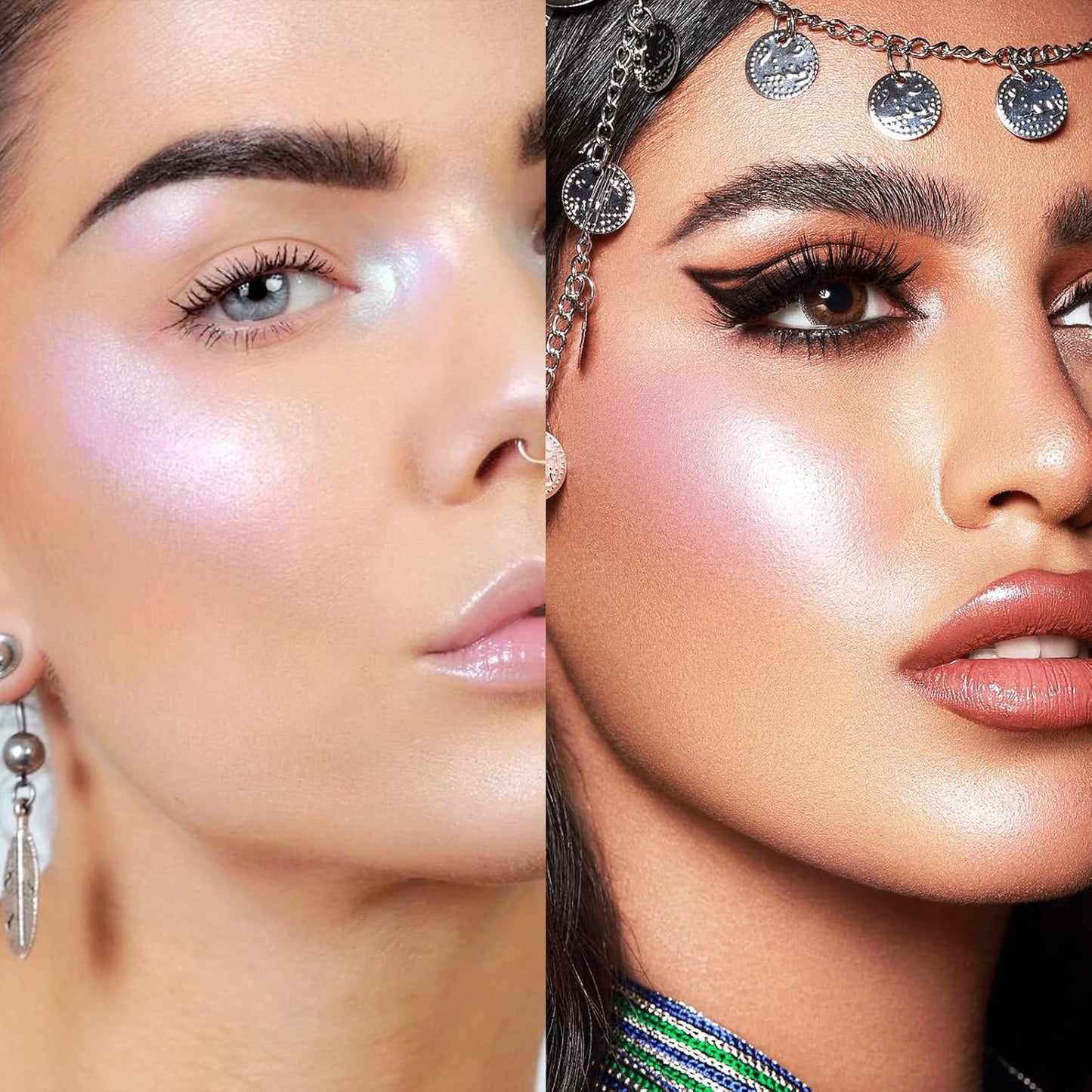 Highlighter Makeup Palette Shimmer Contour Palette Powder for Brighten Face Contour Gold Cheek Highlight Makeup, Long Lasting Highlighter Powder with Mirror for Illuminator Makeup (PINK GOLD)