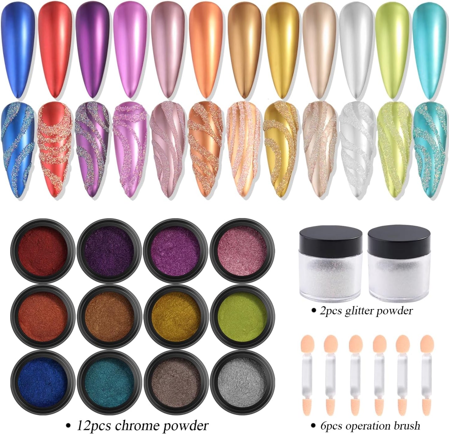 Chrome Nail Powder Set 12 Colors Gold Silver Bronze Chrome Powder for Nails Metallic Nail Glitter Red Green Blue Mirror Rub Pigment with 2PCS Extra Fine White Sugar Powder Nail Design