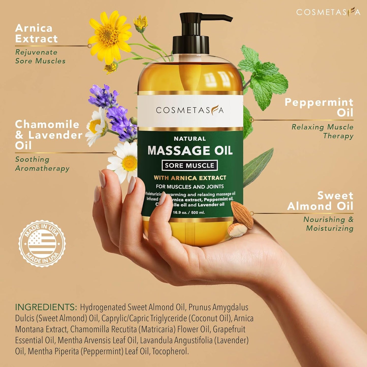Cosmetasa Sore Muscle Massage Oil for Massage Therapy – All Natural, Cruelty-Free Full Body Massage Oils for Muscle Relaxing & Joint Comfort – Arnica Extract with Chamomile & Lavender Oil (16.9 oz)