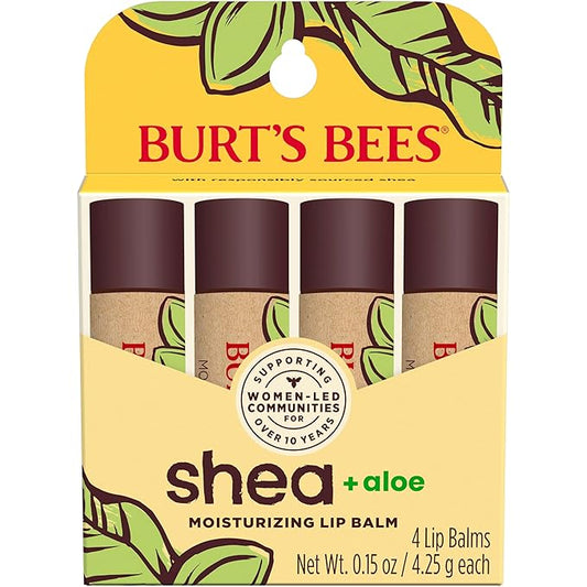Burt's Bees Lip Balm Mothers Day Gifts for Mom - Shea and Aloe Lip Moisturizer With Responsibly Sourced Beeswax, Tint-Free, Natural Origin Conditioning Lip Treatment, 4 Tubes, 0.15 oz.