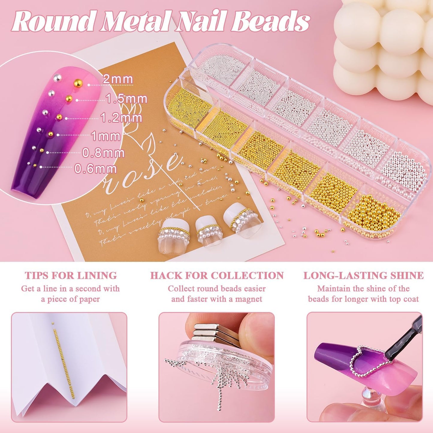 Flatback Pearls (White) and Metal Nail Beads (Silver+Gold) with Rhinestones Glue Gel for Nail Art, Pearl Nail Charms and Round Caviar Beads 3D Flowers Camellia Bows Star Heart for Manicure Decor