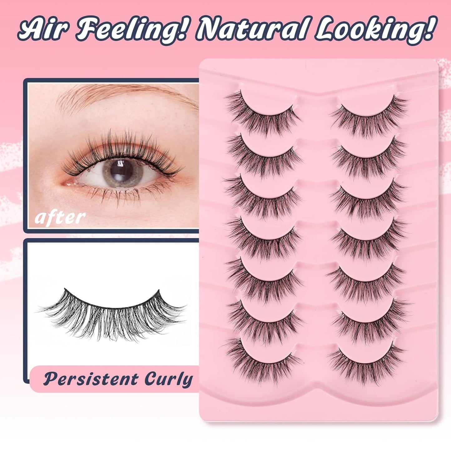 Lashes False Eyelashes Natural 16mm Wispy Lashes Pack Fluffy Eyelashes C Curl Strip Lashes Weightless Fake Lashes 0.1MM Thin Band Eyelash 3D Volume Siligli 7 Pair Lash