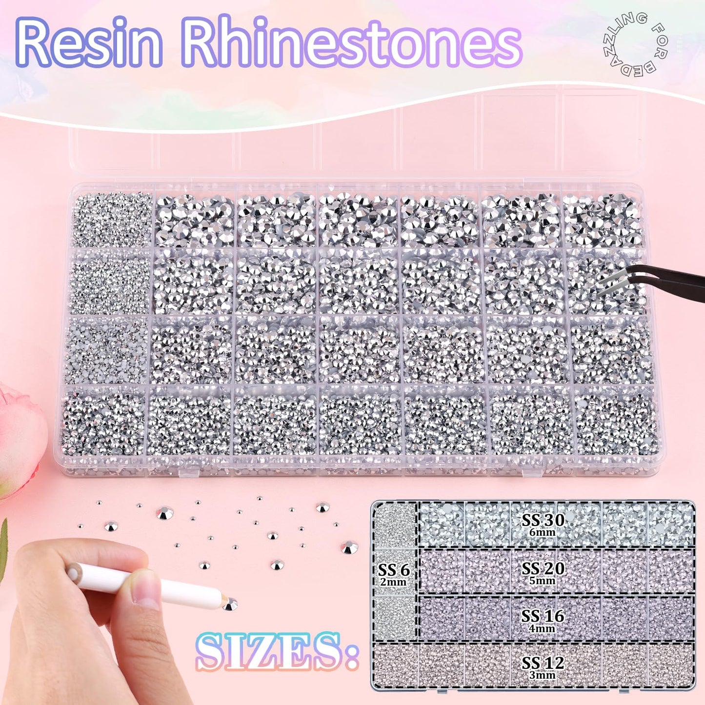 30000Pcs Resin Rhinestones for Bedazzling with 3Pcs B7000 Jewelry Glue, Silver Flatback Gems Rhinestones for Crafting, Clothing Tumblers Mugs Shoes Fabric Decor Nail Art