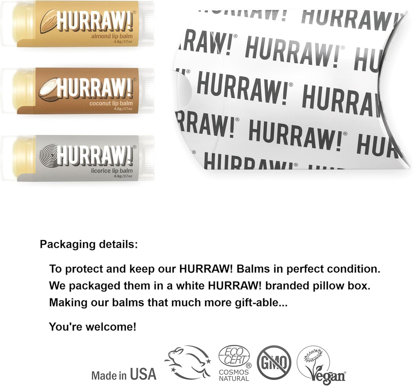 Hurraw! Almond, Coconut, Licorice Lip Balms, 3 Pack Bundle: Organic, Certified Vegan, Cruelty and Gluten Free. Non-GMO, 100% Natural. Bee, Shea, Soy & Palm Free. Made in USA