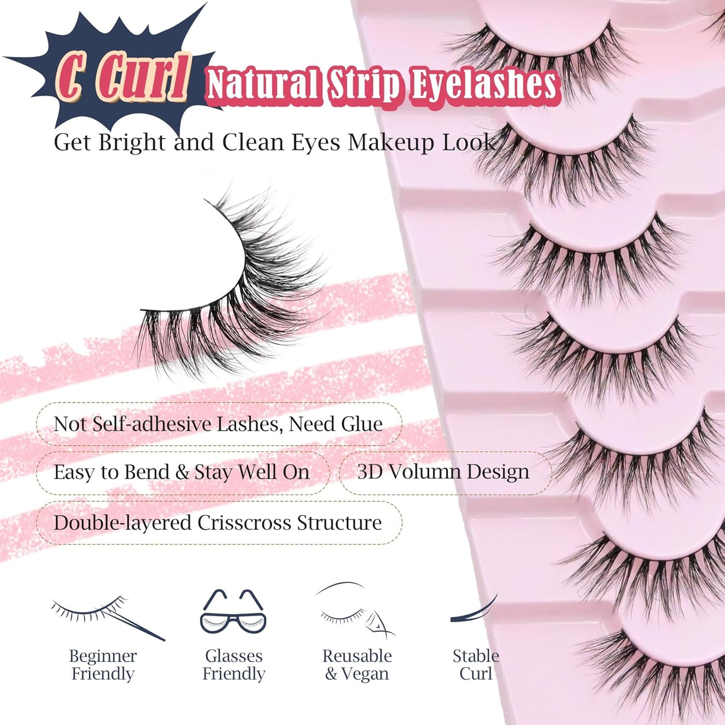 Natural Lashes Cateye False Eyelashes Wispy 12mm Cat Eyelashes Short Lash Pack for Small Eyes Eyelash with 0.1MM Thin Cotton Band 3D Volume Fake Eyelashes Siligli Soft Strip Lashes 7 Pairs