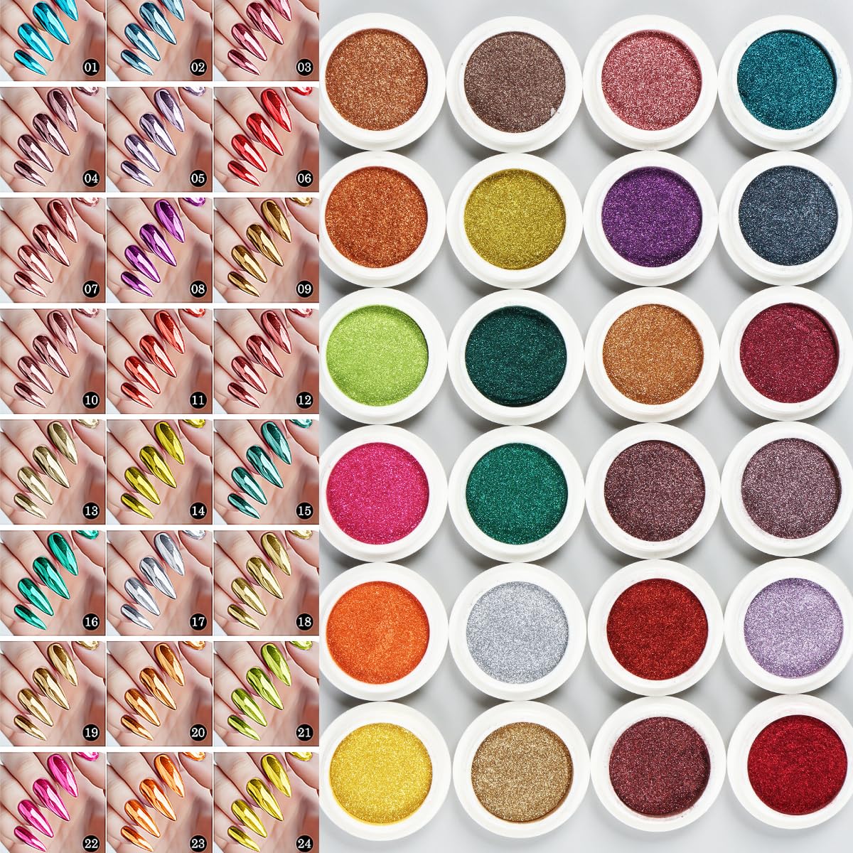 24Pcs Chrome Nail Powder Set - Metallic Mirror Effect Holographic Iridescent Aurora Mermaid Nail Powder Pigment Silver Red Green Gold Nail Chrome Powder for Nails Art Decoration(24 Eye Shadow Sticks)