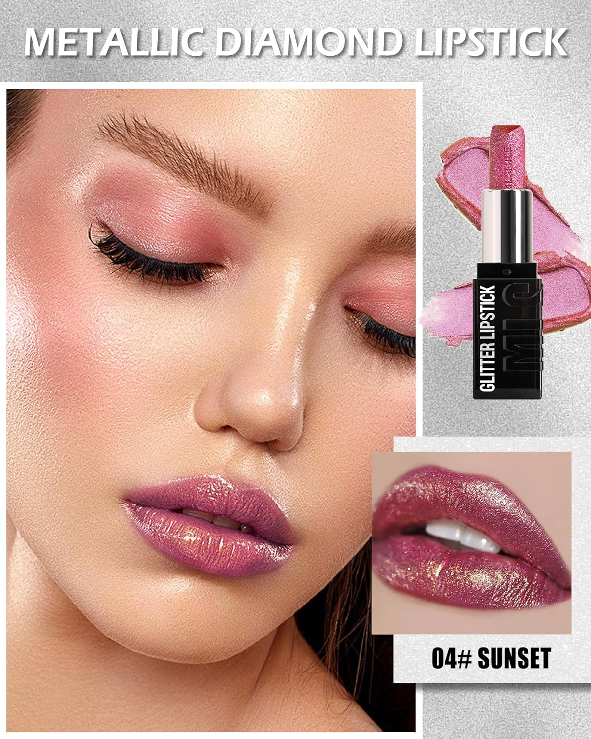 Diamond Glitter Matte Lipstick, Long Lasting Waterproof Ruby Red Metallic Sparkling High Pigment Non-Stick Lip Tint Lip Gloss,Full-coverage Lipgloss, Mother's Day Lip Makeup Gift for Women Girl-04