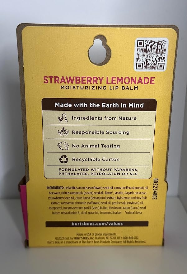 BURTS BEES STRAWBERRY LEMONADE LIP BALM 2 (0.15) TUBES