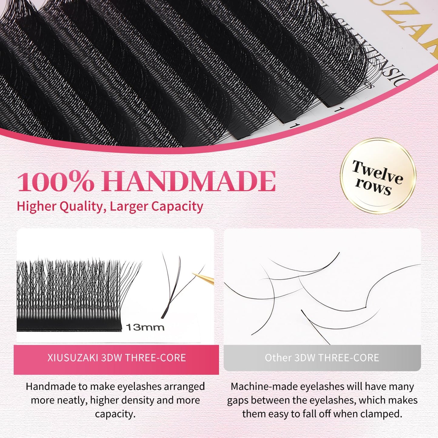 Lash Extensions Three Core Tips 3D Eyelash Extensions W Shape 0.07mm Thickness C Curl 10mm Premade Fans Easy Fan Volume Lashes Matte Black Crisscross(W-3D-Three Core-0.07-C,10mm)