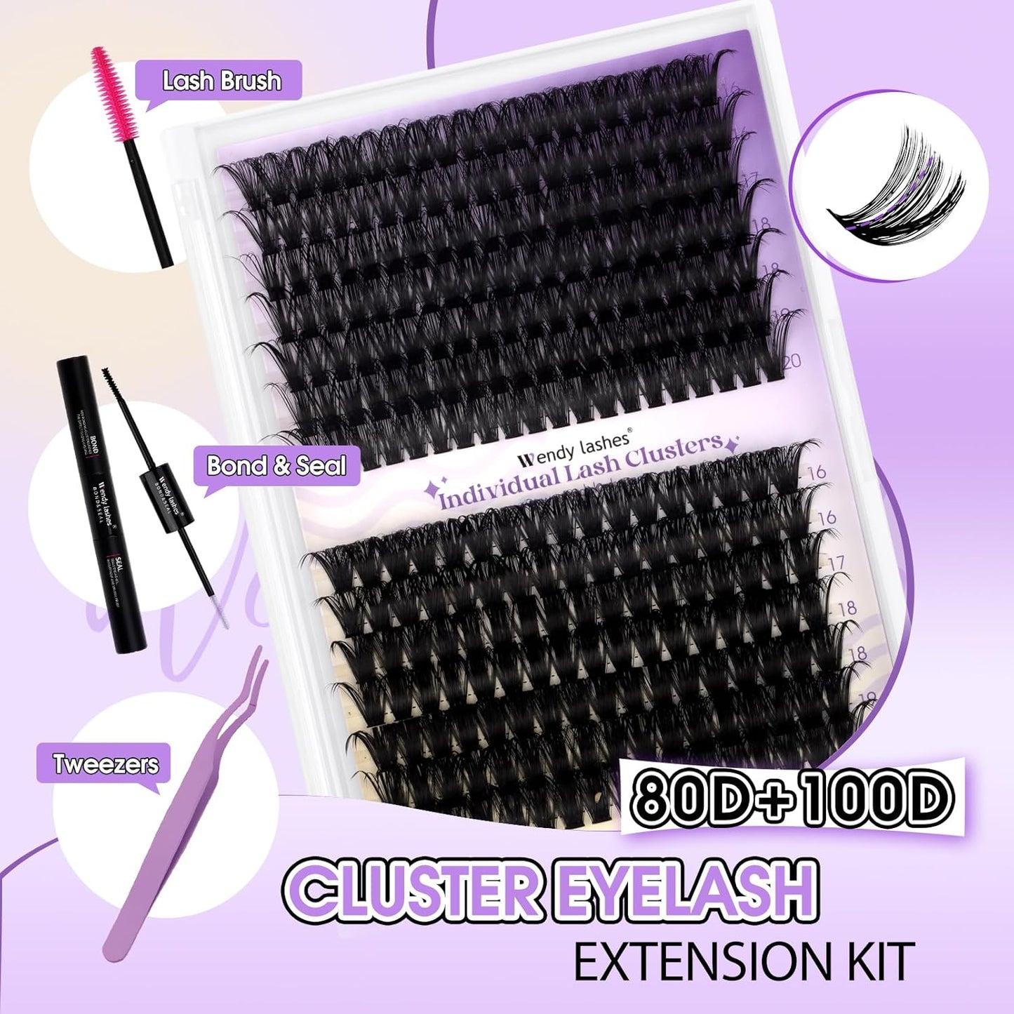 Lash Clusters Kit for Using at Home: Ultra-light, DIY, Natural, Fluffy, Wispy, Waterproof, Anime, Manga, Cat Eye, D Curl, 16-20mm, 80P+100P, Wendy, RT318