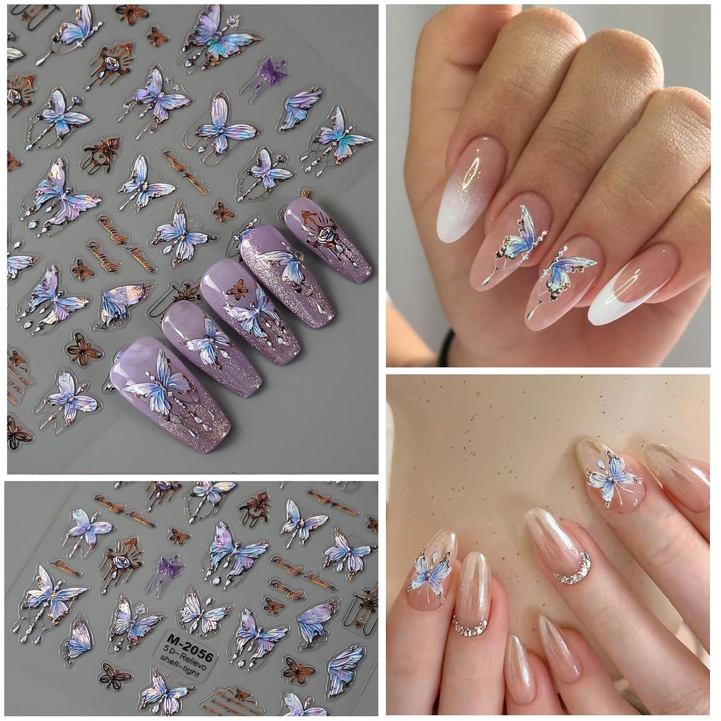 6 Sheets Butterfly Nail Art Stickers Decals 5D Embossed Nail Decals Spring Blue Pink Butterfly Nails Design Self-Adhesive Accessories 3D Nails Stickers for Women