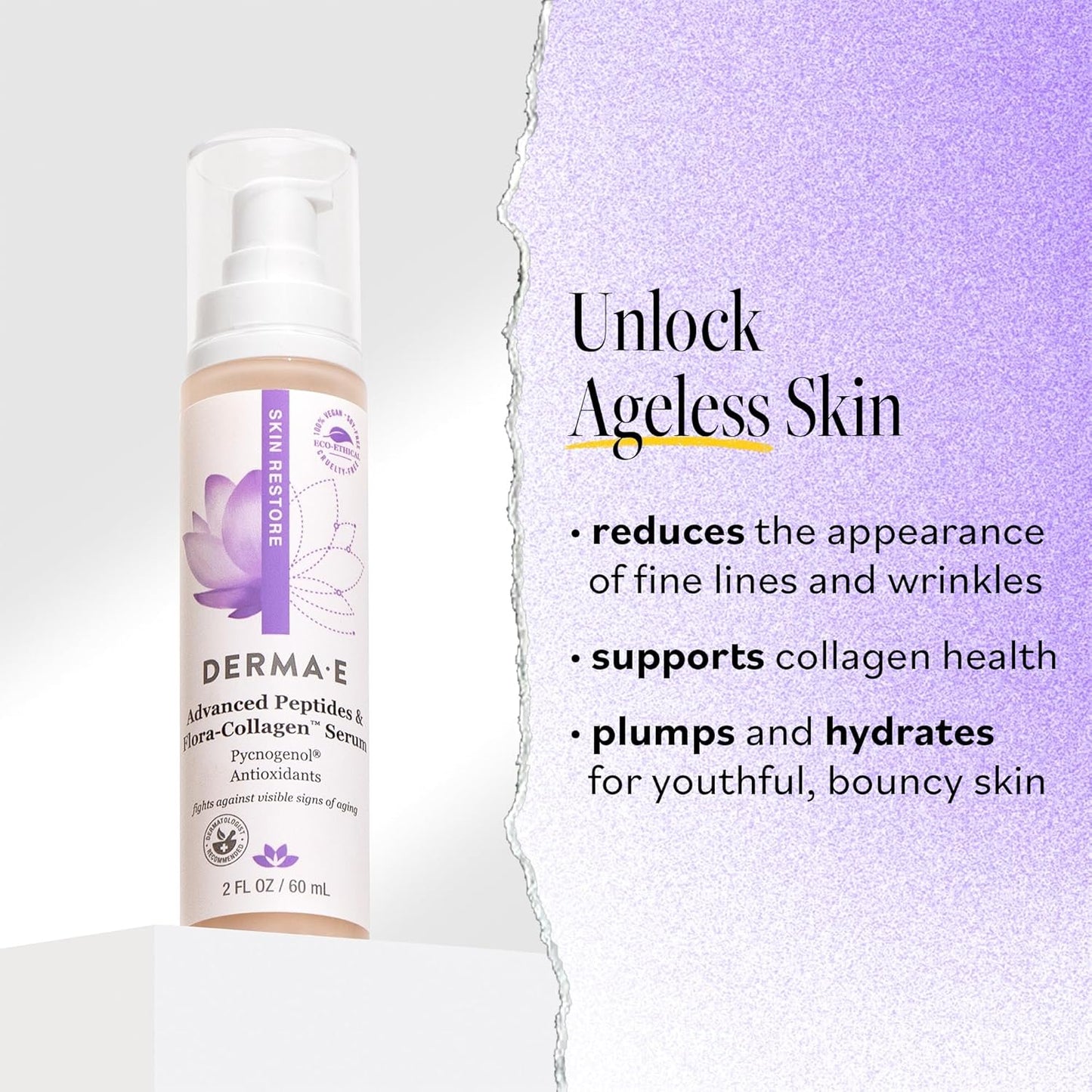 DERMA E Advanced Peptides and Vegan Flora-Collagen Serum – Double Action Collagen Face Cream with Peptide Complex – Intensely Hydrating Serum for Lines, Wrinkles and Redness, 2 oz