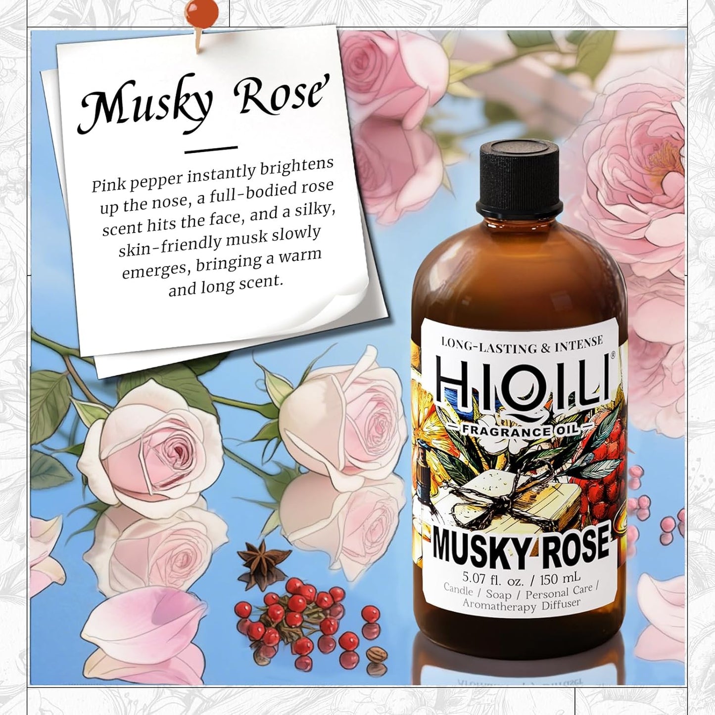HIQILI Musky Rose Fragrance Oil for Hotel Diffuser, Luxury Scents, for Making Aromatherapy Candle, Perfume, Scented Home Decor- 5.07 Fl Oz
