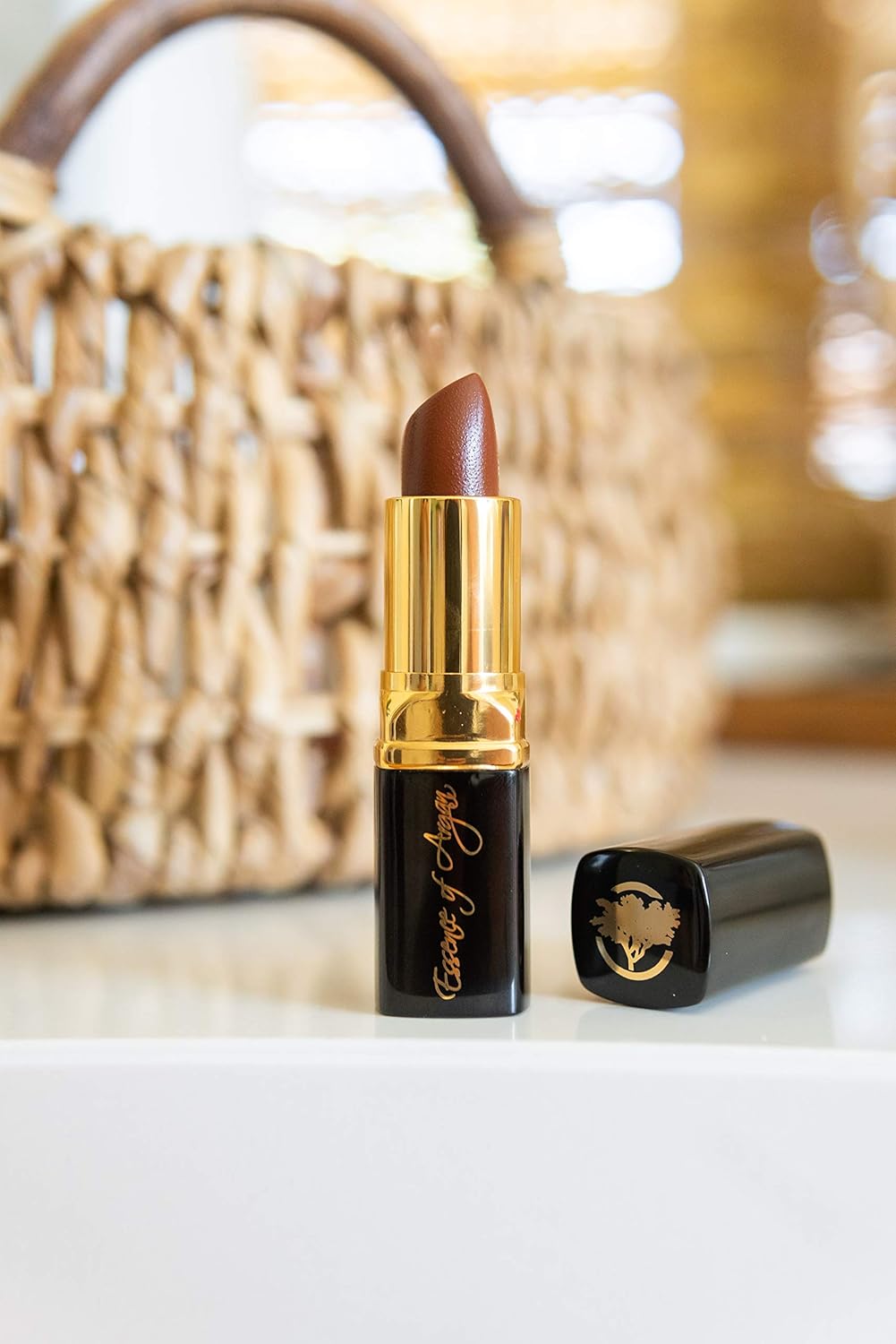 Essence Of Argan Dark Brown Lipstick for Cracked & Dry Lips - 100% Organic Argan & Jojoba Oil, Shea Butter & Aloe Vera - Hydrating & Deep Moisturizing Chocolate Brown Long Lasting Lipstick for Women