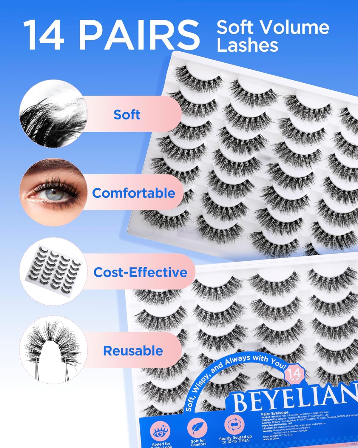 BEYELIAN 14 Pairs False Eyelashes Fluffy D Curl 6-15MM Cat Eye Lashes Wispy, 3D Volume Clear Band Faux Mink Lashes Soft and Lightweight, Reusable, Easy to Apply (14P-HSCS-48)