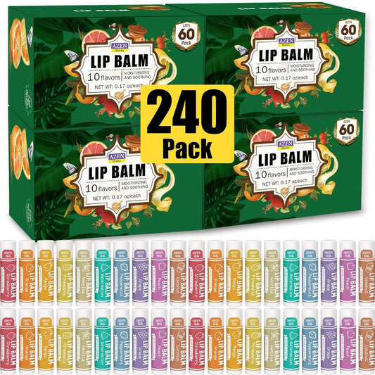 AZEN 240 Pack Lip Balm, Natural Lip Balm Bulk, Lip Care Product, Christmas Stocking Stuffers, Christmas Gifts for Women Girls - 10 Flavors