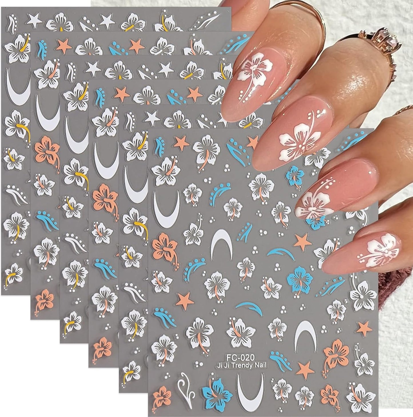 Flower Nail Stickers Fall Nail Decals 6PCS 3D Self-Adhesive White Yellow Blue Orange Floral Nail Design Autumn Nail Art Supplies DIY Acrylic Nail Art Decorations Accessories Flowers Sticker for Women