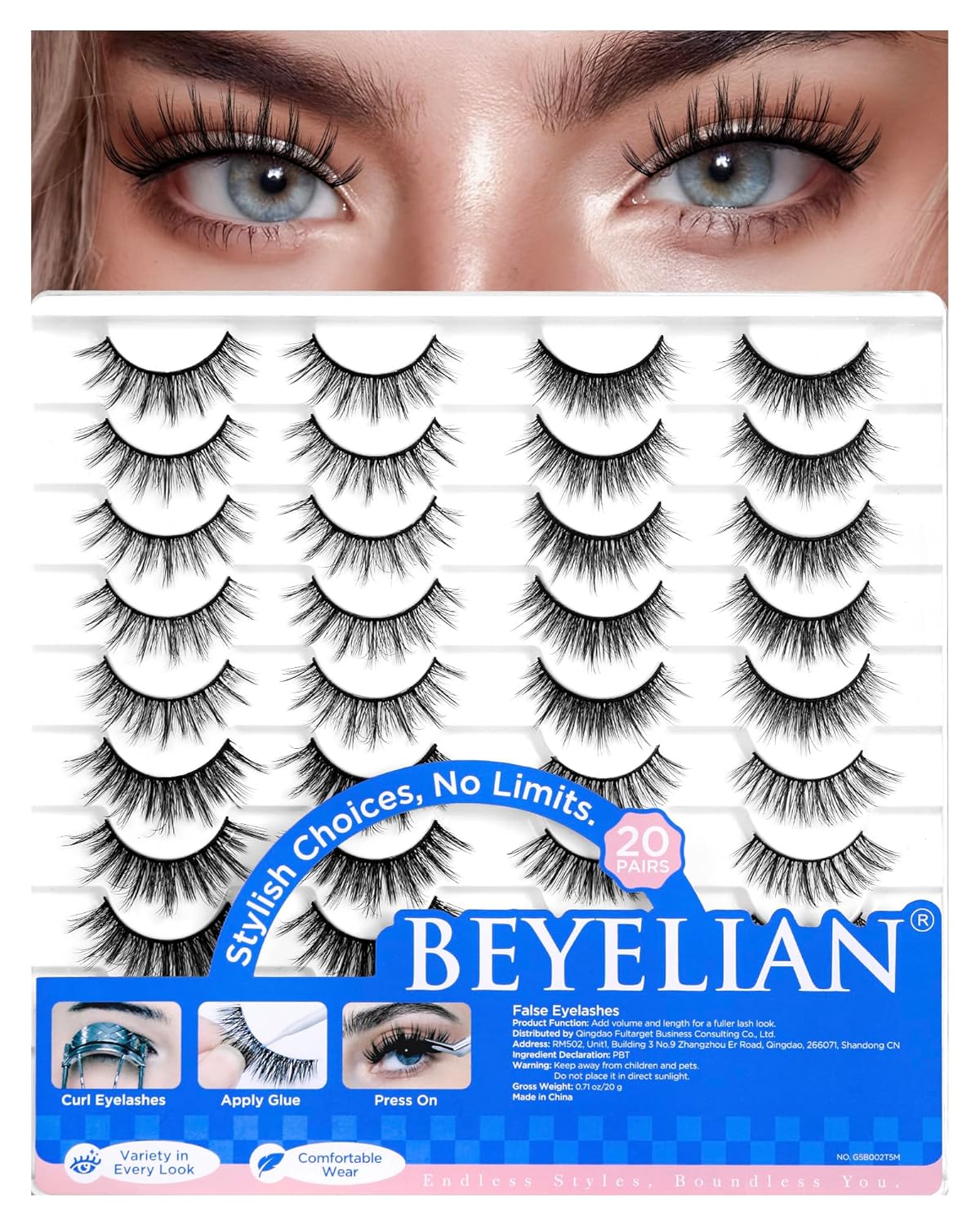 BEYELIAN False Eyelashes Natural Look 20 Pairs Strip Lashes, Wispy Lash Pack Soft 3D Volume Faux Mink Lashes That Look Like Extensions C-MIX-3
