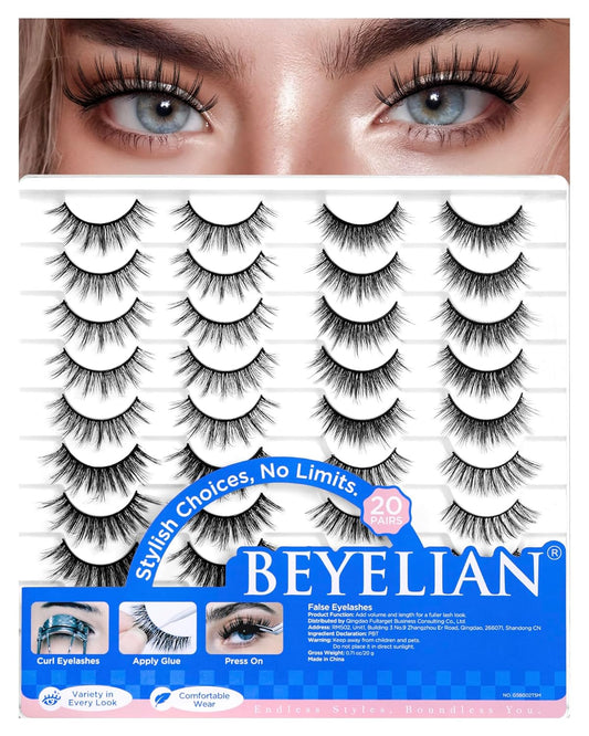 BEYELIAN False Eyelashes Natural Look 20 Pairs Strip Lashes, Wispy Lash Pack Soft 3D Volume Faux Mink Lashes That Look Like Extensions C-MIX-3