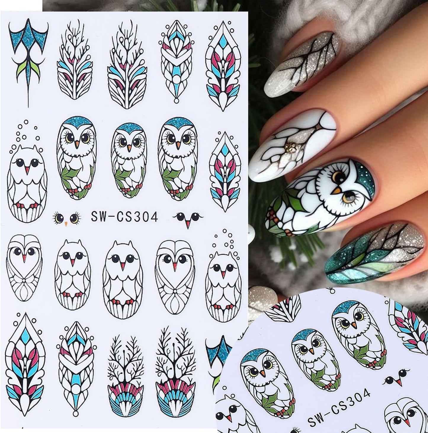 4pcs Christmas Nails Stickers Silver Glitter Leaves Line Owl Nail Art Design 3D Self-Adhesive Nail Decals Xmas Nail Sticker DIY Autumn Winter Manicure Art Supplies Decoration Accessories