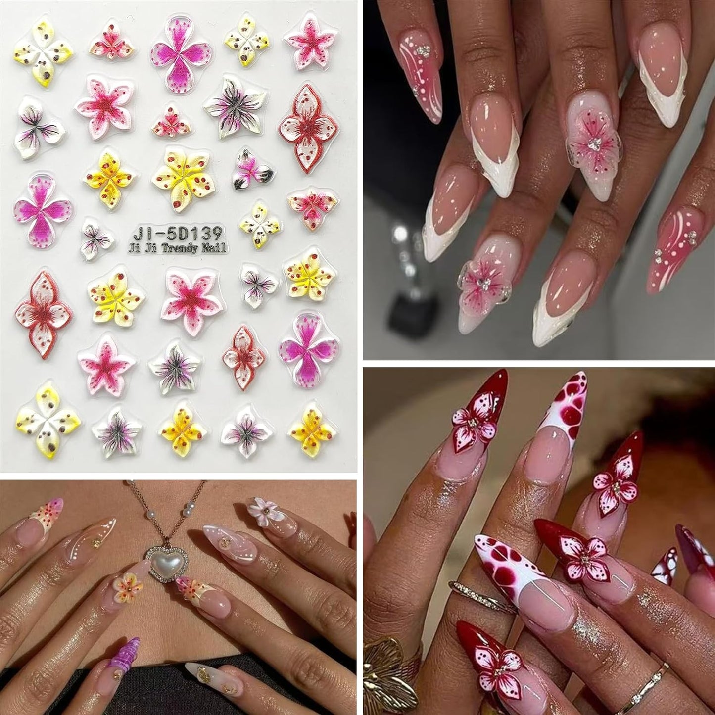Flower Nail Art Stickers Decals 5D Embossed Nail Decals Spring Summer Pink Purple Nails Design Self-Adhesive Supplies Accessories 3D Flower for Women Nails DIY Decoration(5 Sheets)